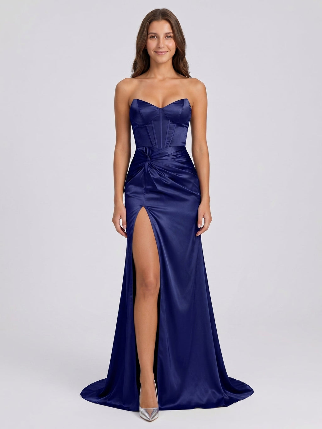 Dark Navy Satin Sheath Straight Neck Back Zip Floor-Length Pleated Bridesmaid Dress - Curvevia