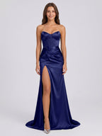 Dark Navy Satin Sheath Straight Neck Back Zip Floor-Length Pleated Bridesmaid Dress - Curvevia
