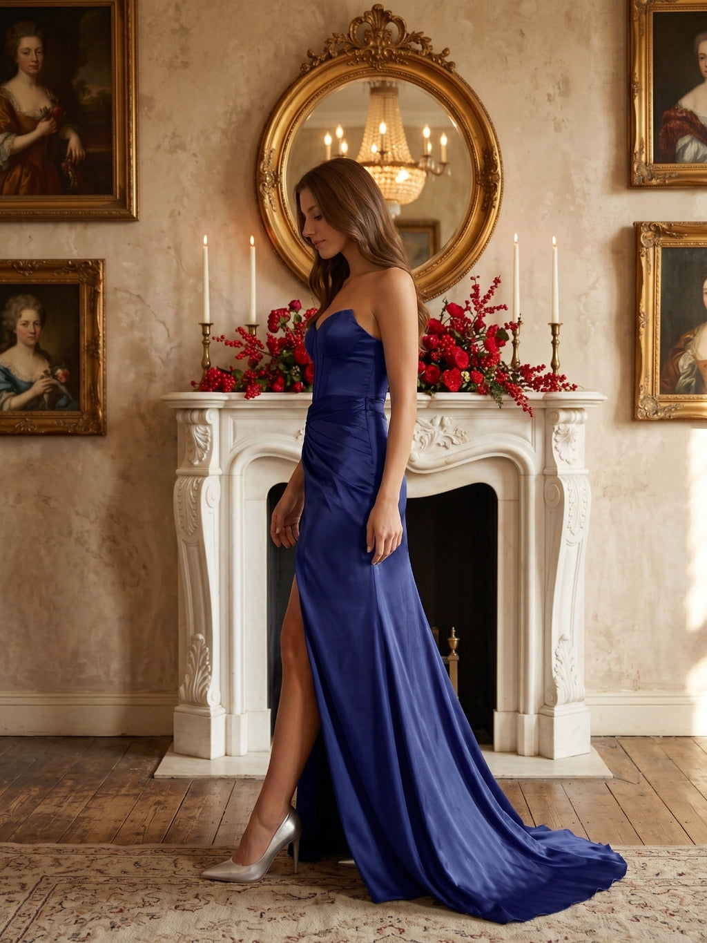 Dark Navy Satin Sheath Straight Neck Back Zip Floor-Length Pleated Bridesmaid Dress - Curvevia