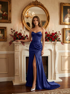 Dark Navy Satin Sheath Straight Neck Back Zip Floor-Length Pleated Bridesmaid Dress - Curvevia