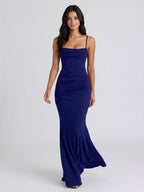 Dark Navy Stretch Knit Mermaid Straight Neck Back Zip Floor Birthday Dress - Curvevia
