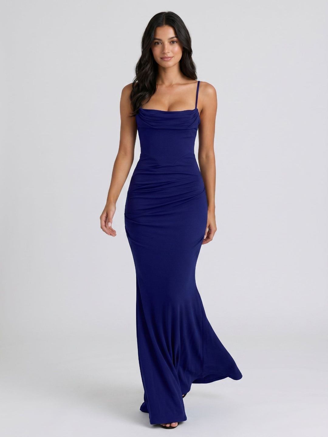 Dark Navy Stretch Knit Mermaid Straight Neck Back Zip Floor Birthday Dress - Curvevia