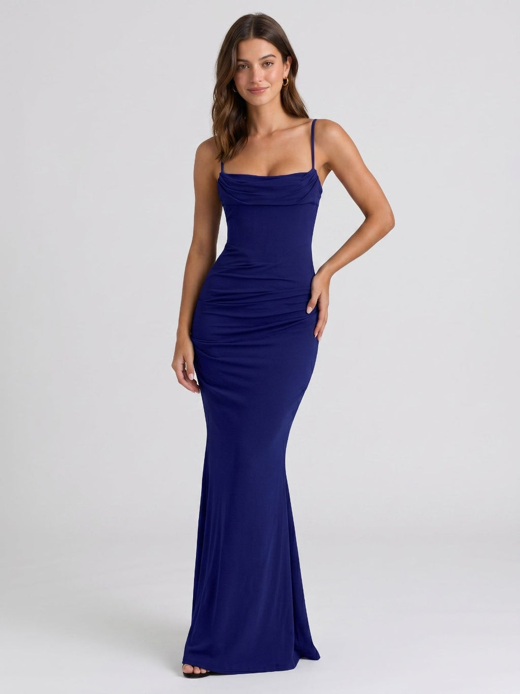 Dark Navy Stretch Knit Mermaid Straight Neck Back Zip Floor Birthday Dress - Curvevia