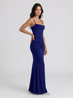 Dark Navy Stretch Knit Mermaid Straight Neck Back Zip Floor Birthday Dress - Curvevia