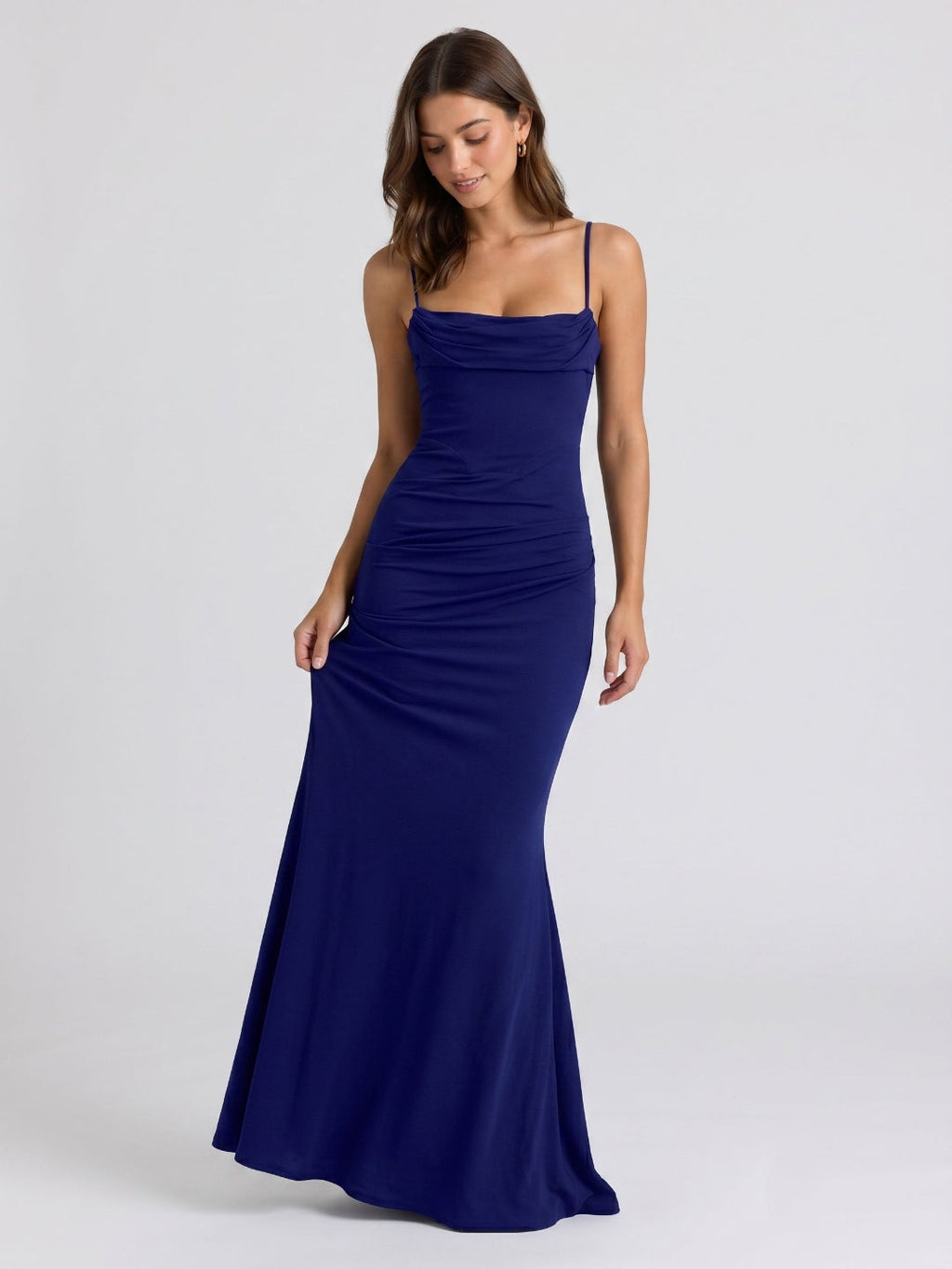 Dark Navy Stretch Knit Mermaid Straight Neck Back Zip Floor Birthday Dress - Curvevia