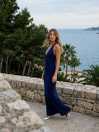 Dark Navy Stretch Knit Sheath Halter Backless Floor-Length Evening Dress - Curvevia
