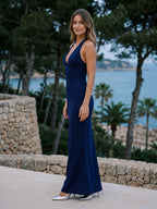 Dark Navy Stretch Knit Sheath Halter Backless Floor-Length Evening Dress - Curvevia
