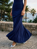 Dark Navy Stretch Knit Sheath Halter Backless Floor-Length Evening Dress - Curvevia