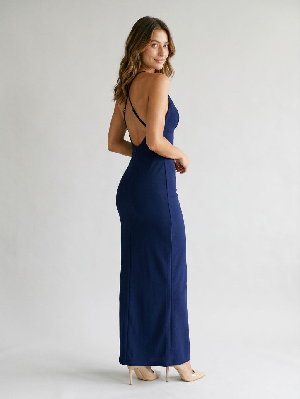 Dark Navy Stretch Knit Sheath Halter Backless Floor-Length Evening Dress - Curvevia
