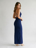 Dark Navy Stretch Knit Sheath Halter Backless Floor-Length Evening Dress - Curvevia