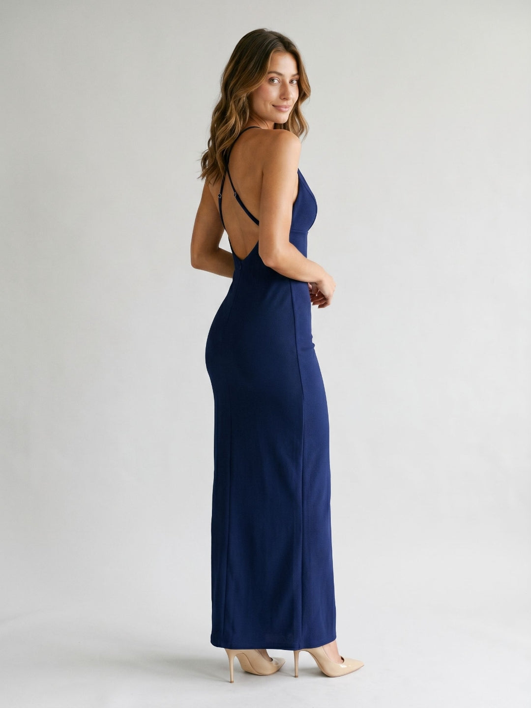 Dark Navy Stretch Knit Sheath Halter Backless Floor-Length Evening Dress - Curvevia
