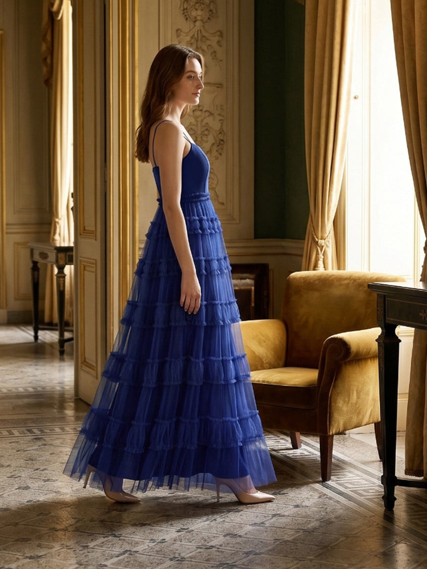 Dark Navy Tulle A-Line Straight Neck Back Zip Floor-Length Pleated Bridesmaid Dress - Curvevia