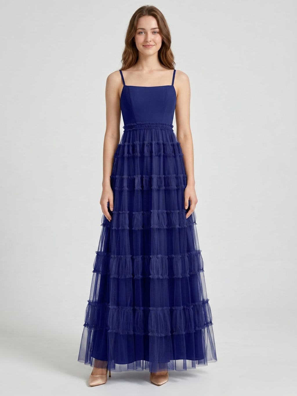 Dark Navy Tulle A-Line Straight Neck Back Zip Floor-Length Pleated Bridesmaid Dress - Curvevia