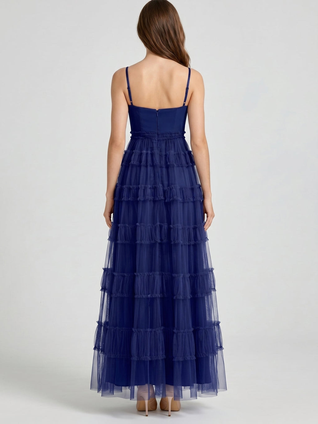 Dark Navy Tulle A-Line Straight Neck Back Zip Floor-Length Pleated Bridesmaid Dress - Curvevia