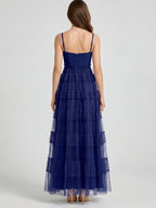 Dark Navy Tulle A-Line Straight Neck Back Zip Floor-Length Pleated Bridesmaid Dress - Curvevia