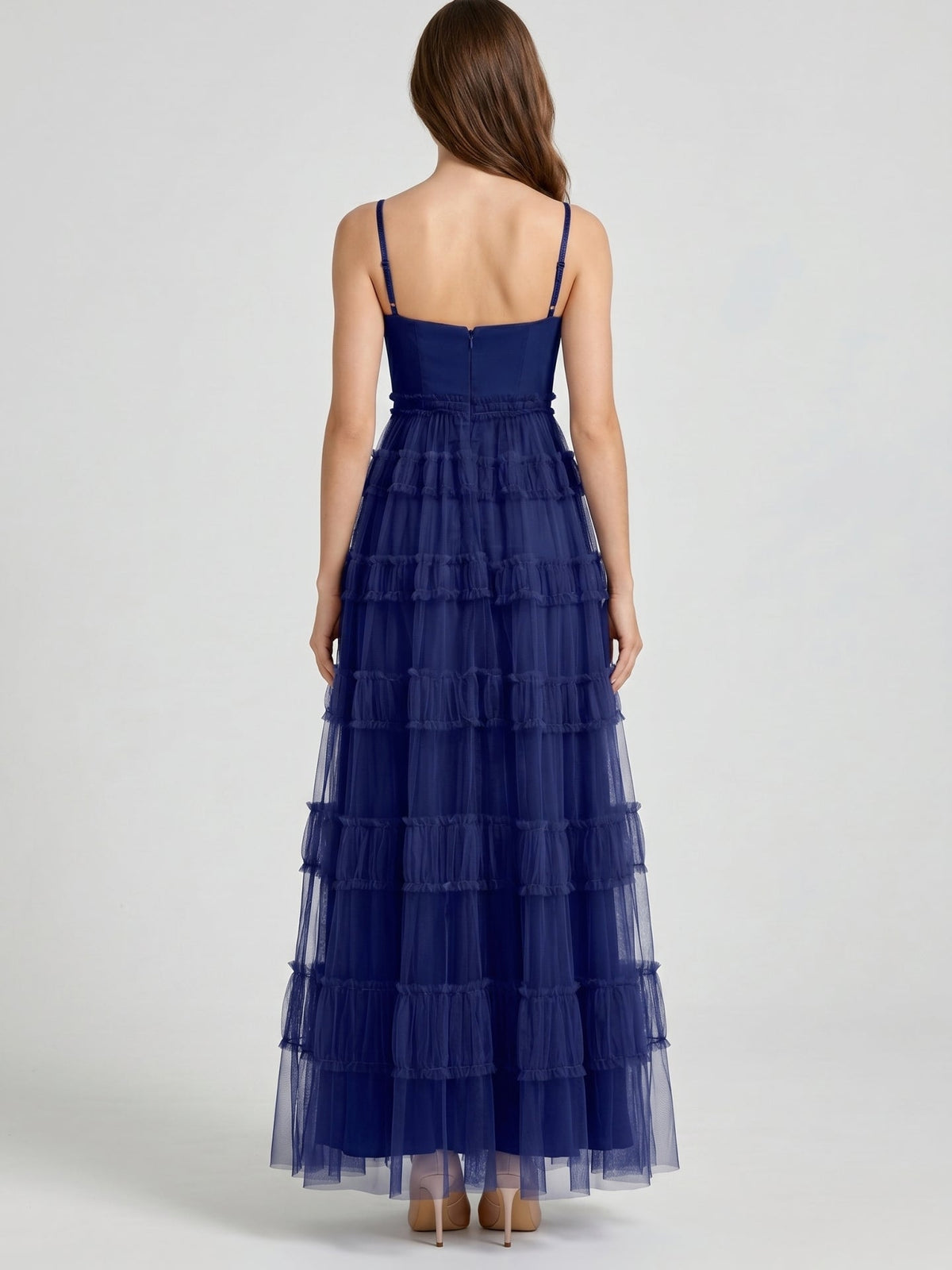 Dark Navy Tulle A-Line Straight Neck Back Zip Floor-Length Pleated Bridesmaid Dress - Curvevia