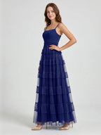 Dark Navy Tulle A-Line Straight Neck Back Zip Floor-Length Pleated Bridesmaid Dress - Curvevia