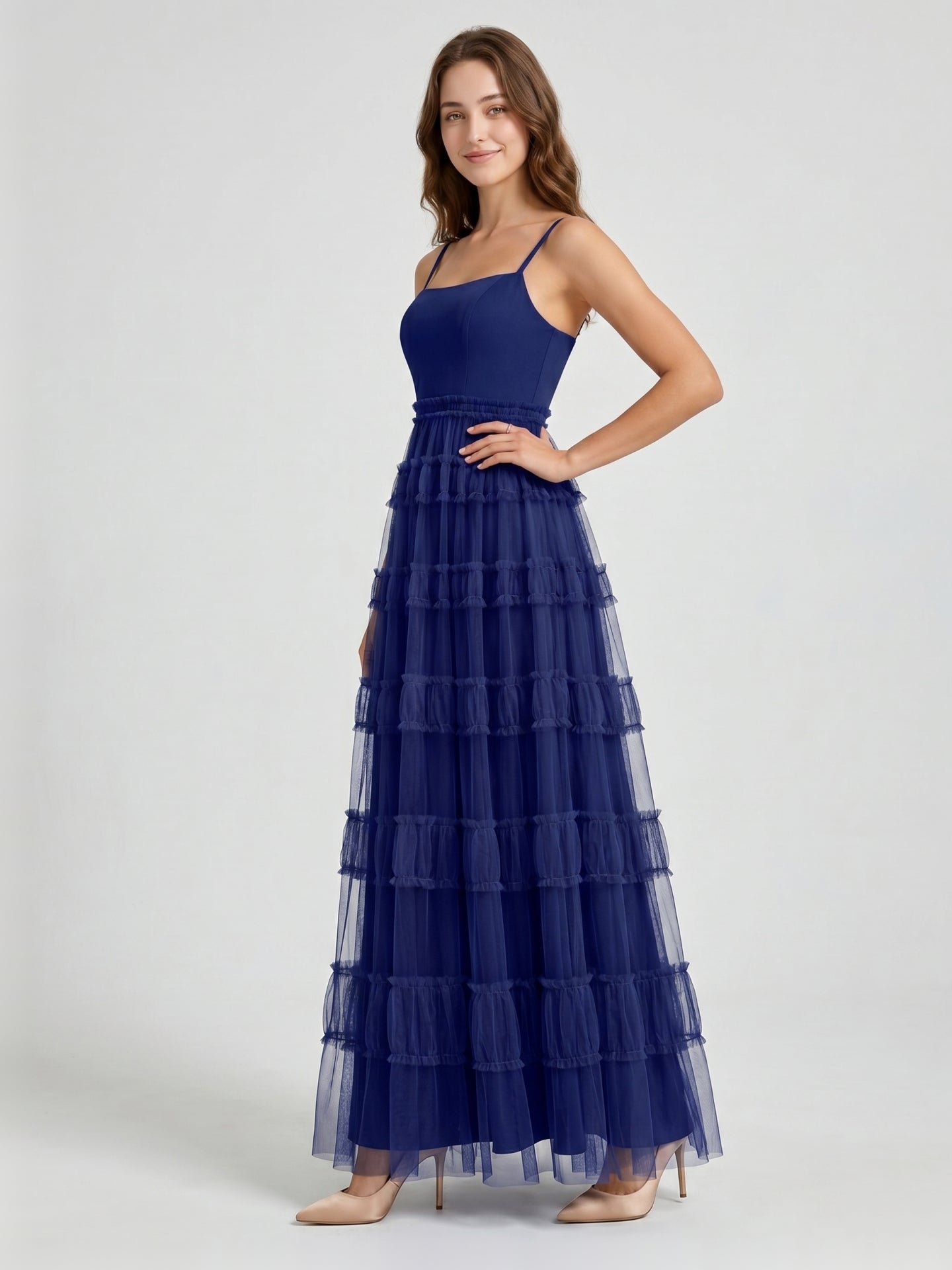 Dark Navy Tulle A-Line Straight Neck Back Zip Floor-Length Pleated Bridesmaid Dress - Curvevia