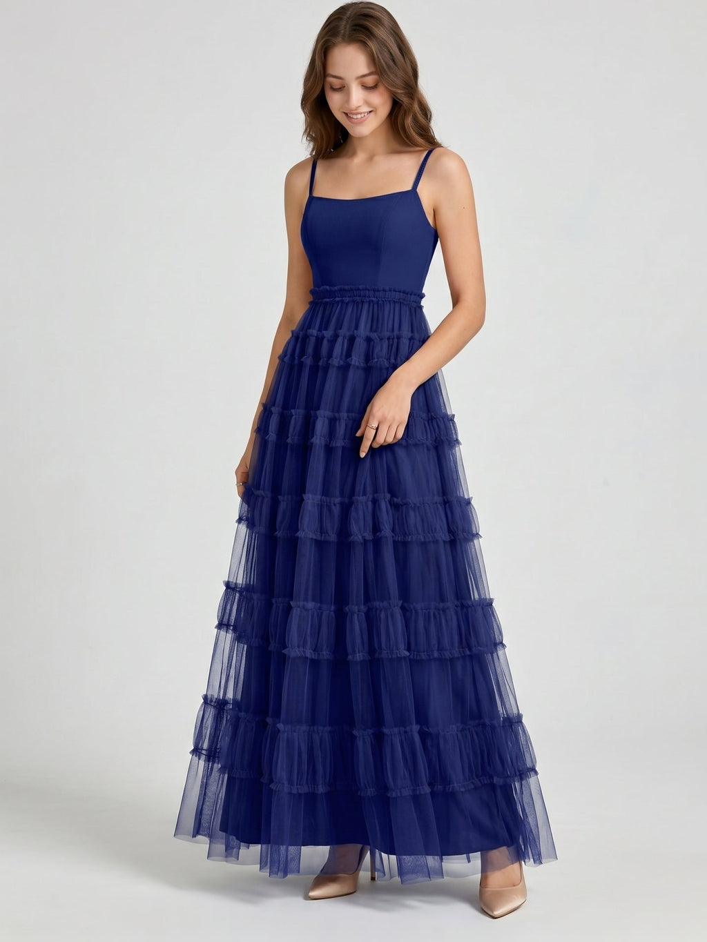 Dark Navy Tulle A-Line Straight Neck Back Zip Floor-Length Pleated Bridesmaid Dress - Curvevia