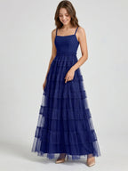 Dark Navy Tulle A-Line Straight Neck Back Zip Floor-Length Pleated Bridesmaid Dress - Curvevia
