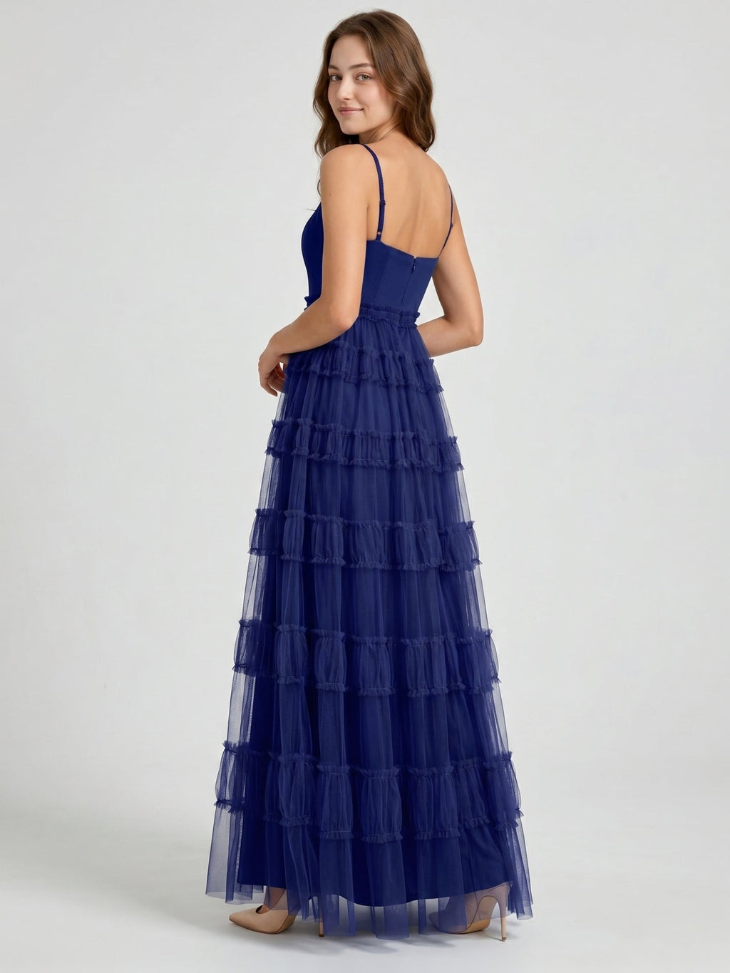 Dark Navy Tulle A-Line Straight Neck Back Zip Floor-Length Pleated Bridesmaid Dress - Curvevia