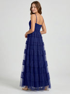 Dark Navy Tulle A-Line Straight Neck Back Zip Floor-Length Pleated Bridesmaid Dress - Curvevia