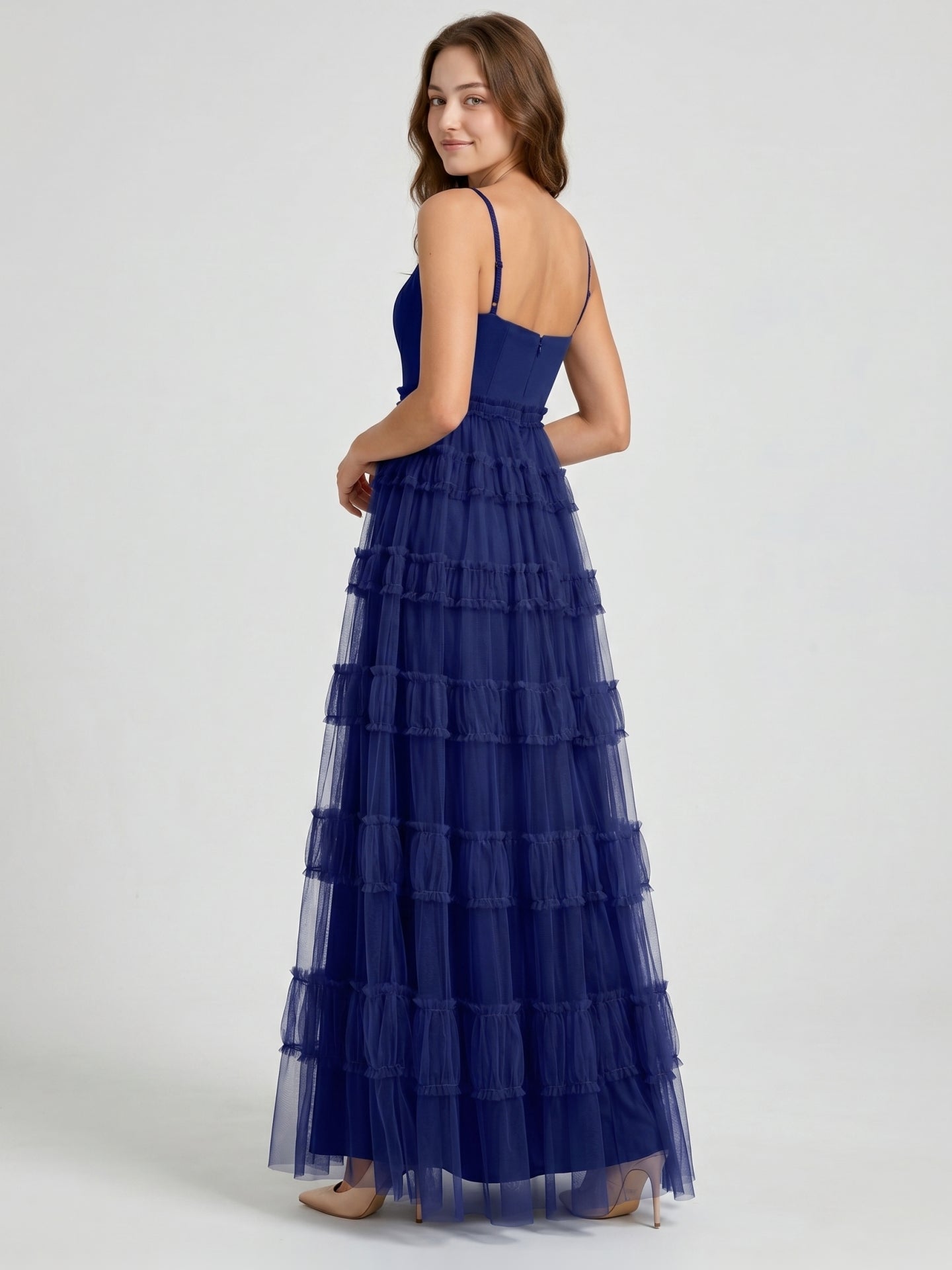 Dark Navy Tulle A-Line Straight Neck Back Zip Floor-Length Pleated Bridesmaid Dress - Curvevia