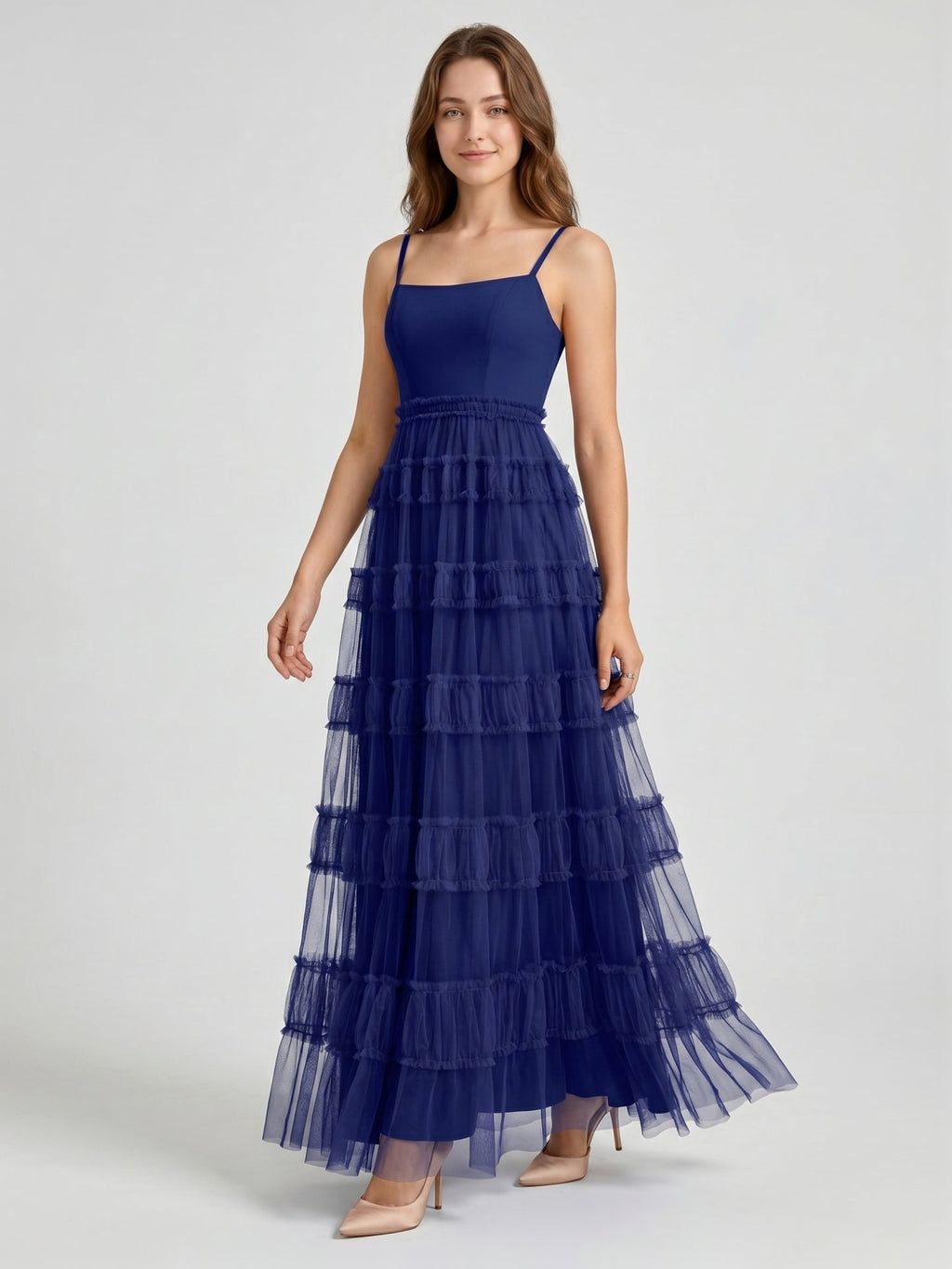 Dark Navy Tulle A-Line Straight Neck Back Zip Floor-Length Pleated Bridesmaid Dress - Curvevia