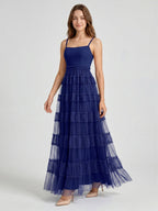 Dark Navy Tulle A-Line Straight Neck Back Zip Floor-Length Pleated Bridesmaid Dress - Curvevia