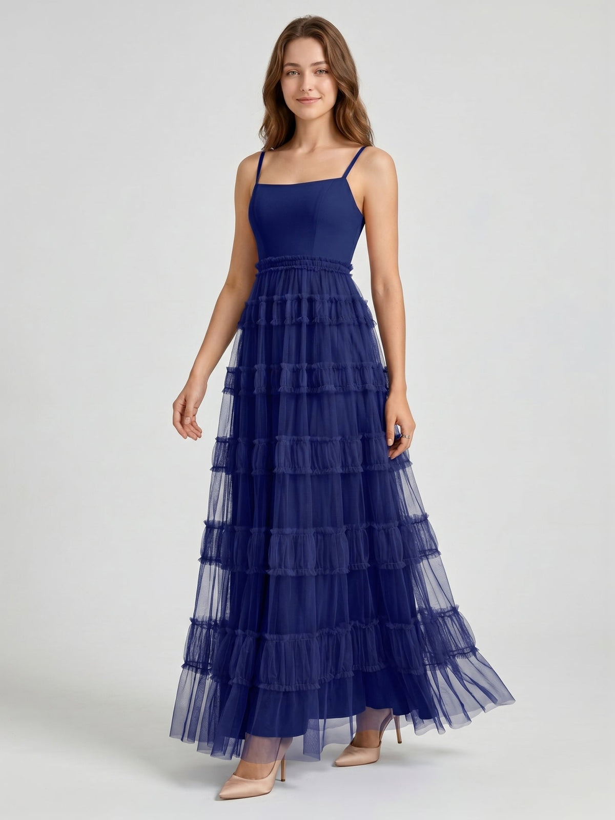 Dark Navy Tulle A-Line Straight Neck Back Zip Floor-Length Pleated Bridesmaid Dress - Curvevia