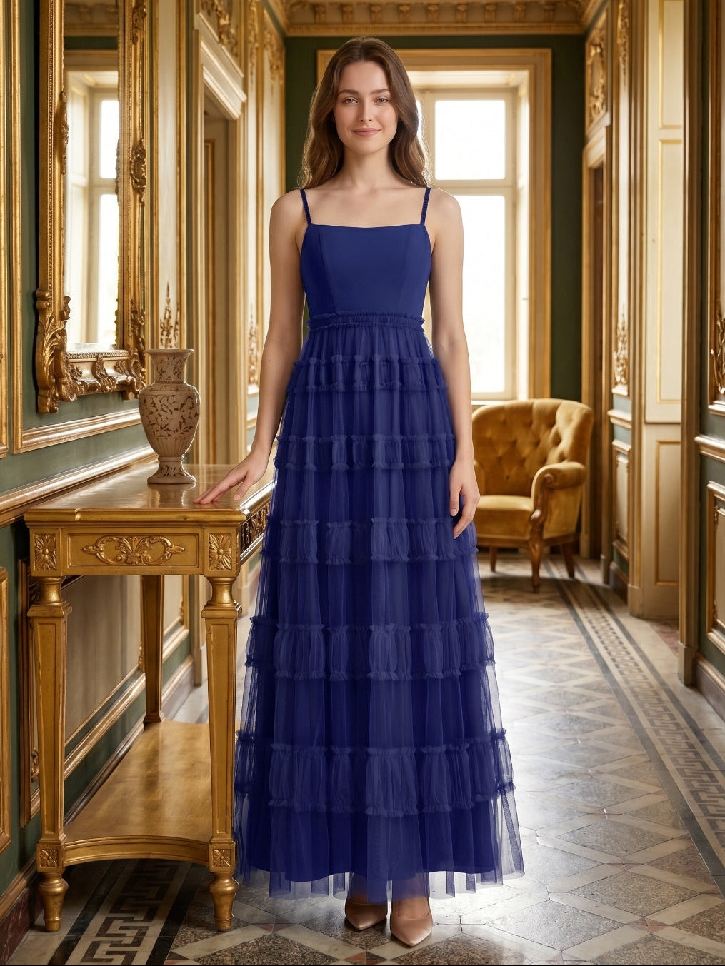 Dark Navy Tulle A-Line Straight Neck Back Zip Floor-Length Pleated Bridesmaid Dress - Curvevia