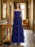 Dark Navy Tulle A-Line Straight Neck Back Zip Floor-Length Pleated Bridesmaid Dress - Curvevia