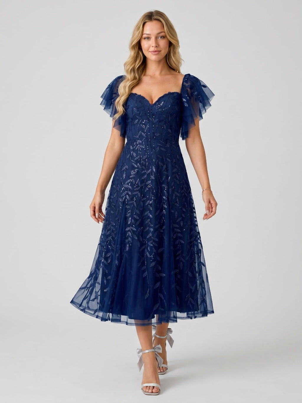 Dark Navy Tulle A-Line Sweetheart Back Zip Tea-Length Dress with Sequins - Curvevia