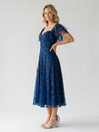 Dark Navy Tulle A-Line Sweetheart Back Zip Tea-Length Dress with Sequins - Curvevia