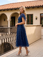 Dark Navy Tulle A-Line Sweetheart Back Zip Tea-Length Dress with Sequins - Curvevia