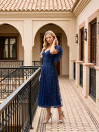Dark Navy Tulle A-Line Sweetheart Back Zip Tea-Length Dress with Sequins - Curvevia