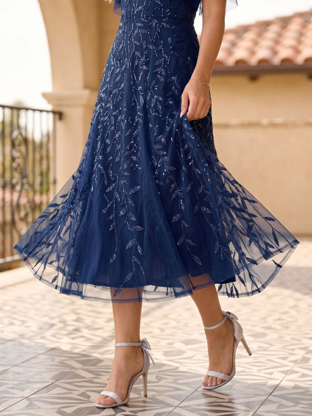 Dark Navy Tulle A-Line Sweetheart Back Zip Tea-Length Dress with Sequins - Curvevia