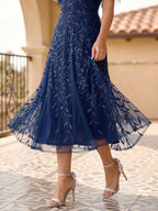 Dark Navy Tulle A-Line Sweetheart Back Zip Tea-Length Dress with Sequins - Curvevia