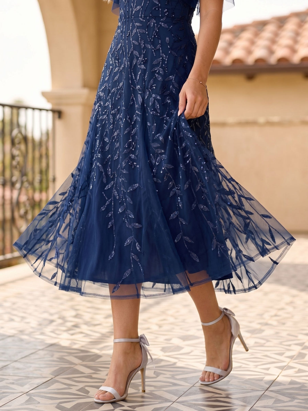 Dark Navy Tulle A-Line Sweetheart Back Zip Tea-Length Dress with Sequins - Curvevia