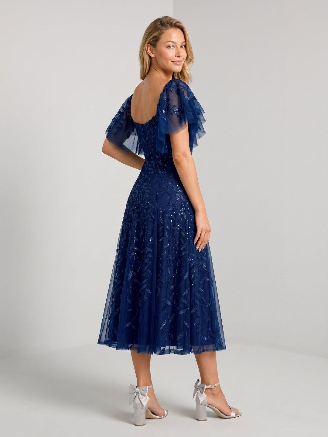 Dark Navy Tulle A-Line Sweetheart Back Zip Tea-Length Dress with Sequins - Curvevia