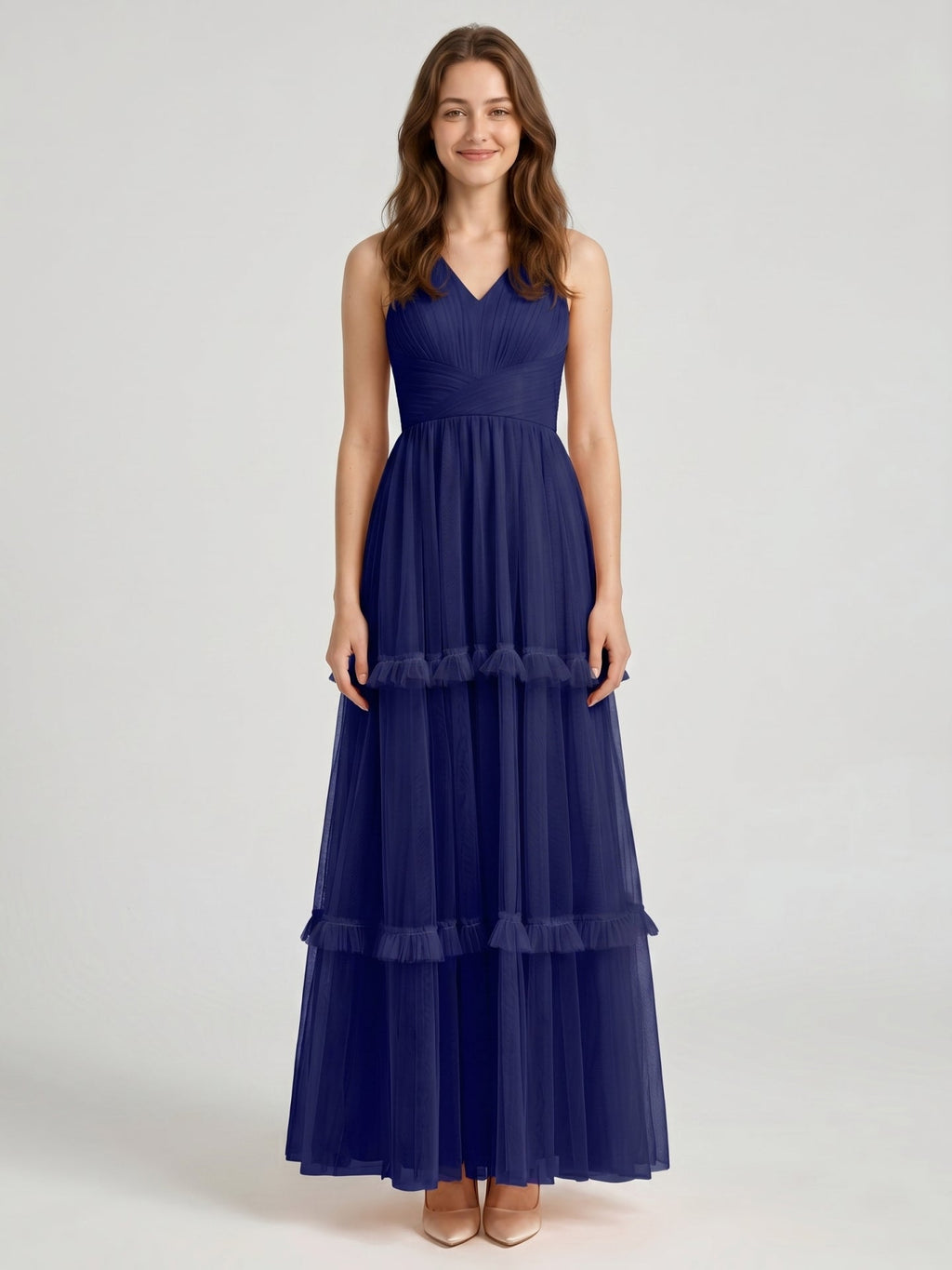 Dark Navy Tulle A-Line V-Neck Keyhole Back Floor-Length Pleated Bridesmaid Dress - Curvevia