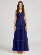 Dark Navy Tulle A-Line V-Neck Keyhole Back Floor-Length Pleated Bridesmaid Dress - Curvevia