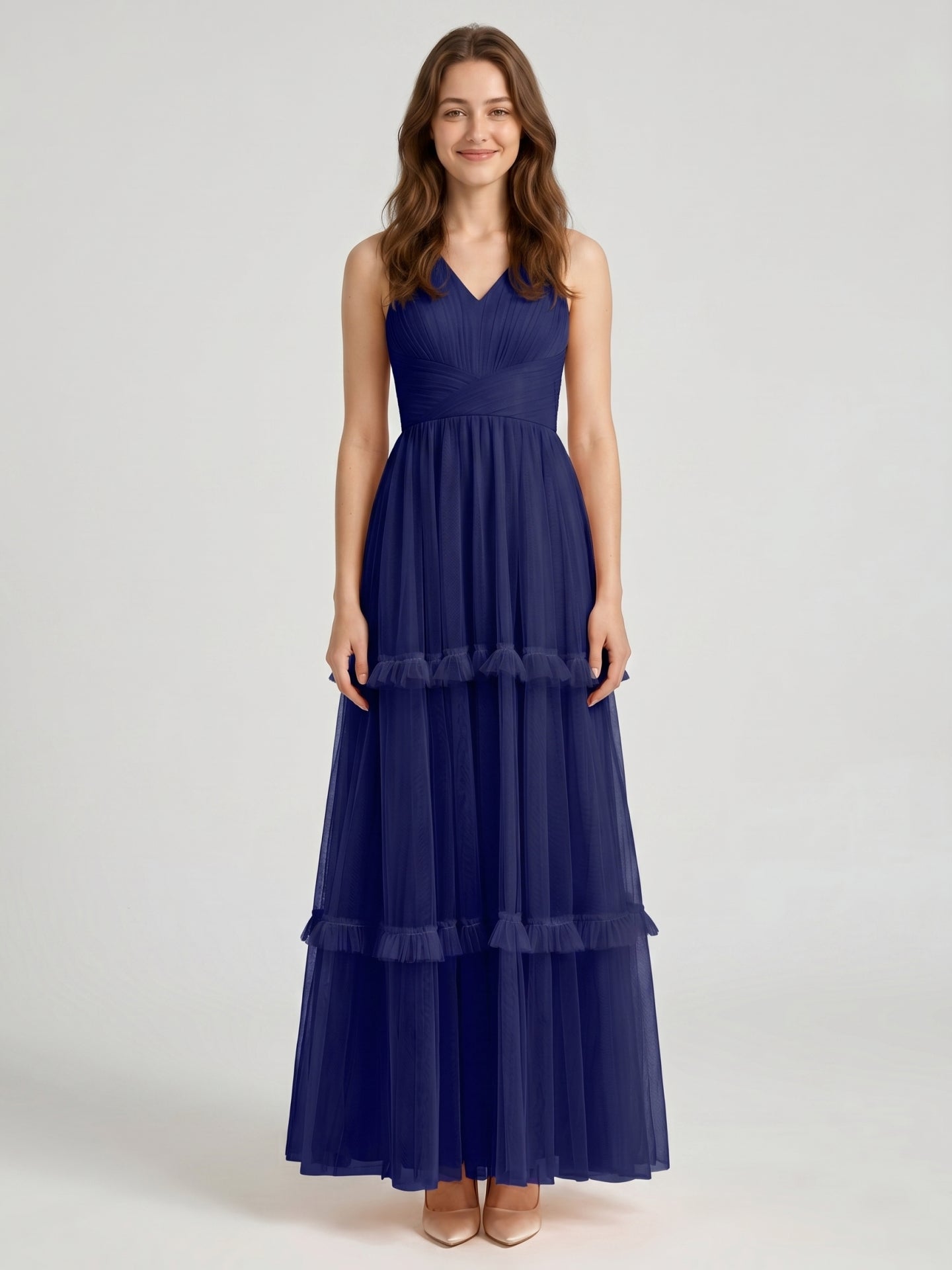 Dark Navy Tulle A-Line V-Neck Keyhole Back Floor-Length Pleated Bridesmaid Dress - Curvevia