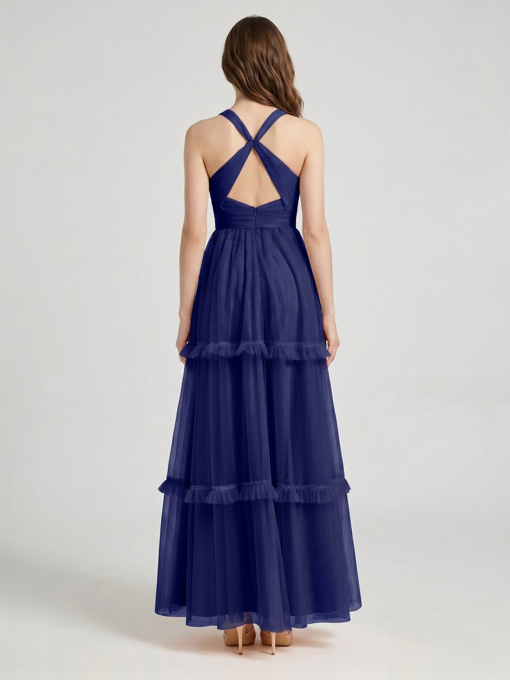Dark Navy Tulle A-Line V-Neck Keyhole Back Floor-Length Pleated Bridesmaid Dress - Curvevia