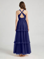 Dark Navy Tulle A-Line V-Neck Keyhole Back Floor-Length Pleated Bridesmaid Dress - Curvevia