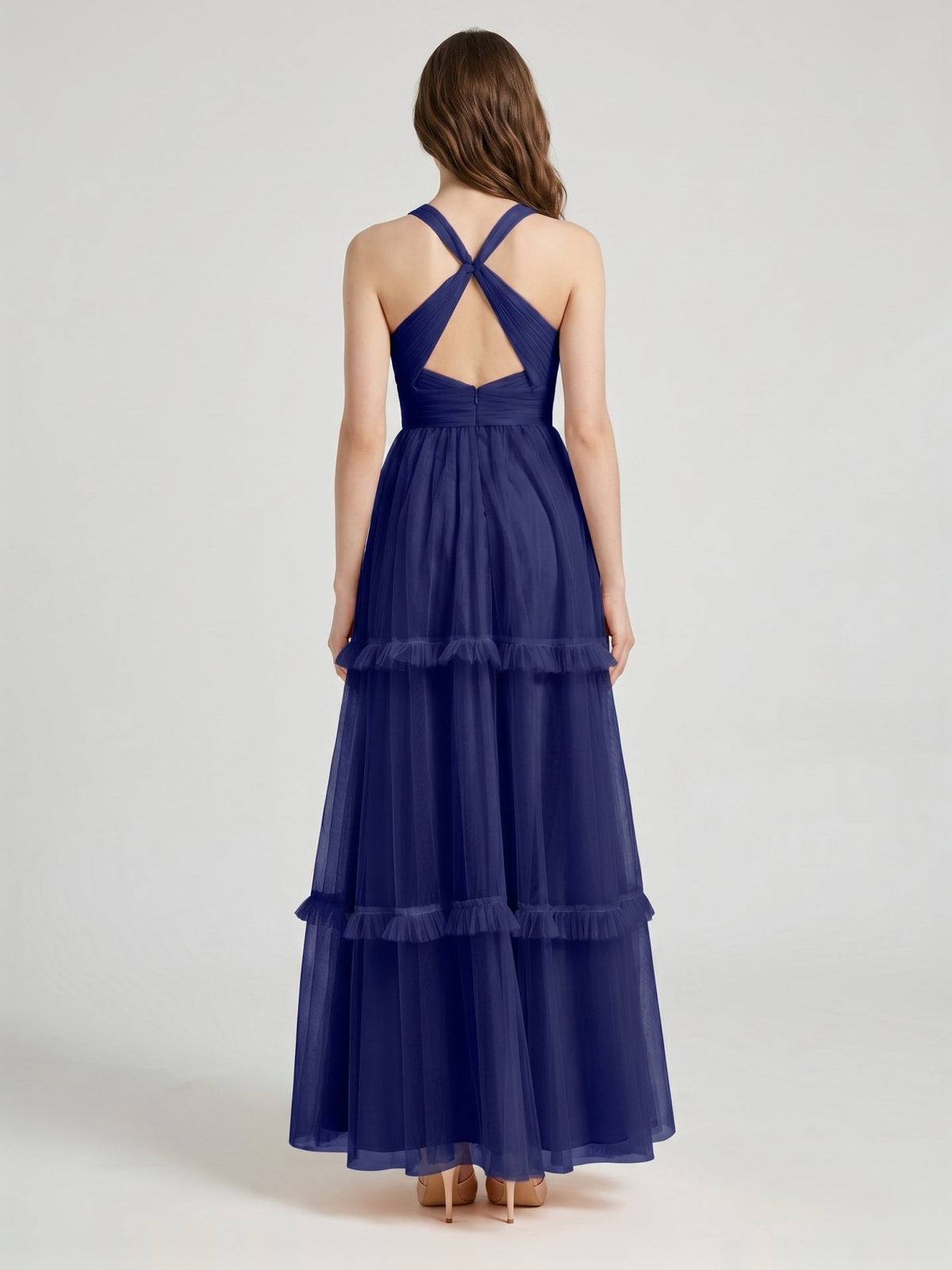 Dark Navy Tulle A-Line V-Neck Keyhole Back Floor-Length Pleated Bridesmaid Dress - Curvevia