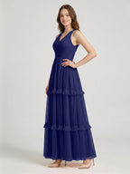 Dark Navy Tulle A-Line V-Neck Keyhole Back Floor-Length Pleated Bridesmaid Dress - Curvevia