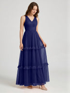 Dark Navy Tulle A-Line V-Neck Keyhole Back Floor-Length Pleated Bridesmaid Dress - Curvevia