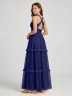 Dark Navy Tulle A-Line V-Neck Keyhole Back Floor-Length Pleated Bridesmaid Dress - Curvevia
