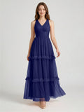 Dark Navy Tulle A-Line V-Neck Keyhole Back Floor-Length Pleated Bridesmaid Dress - Curvevia